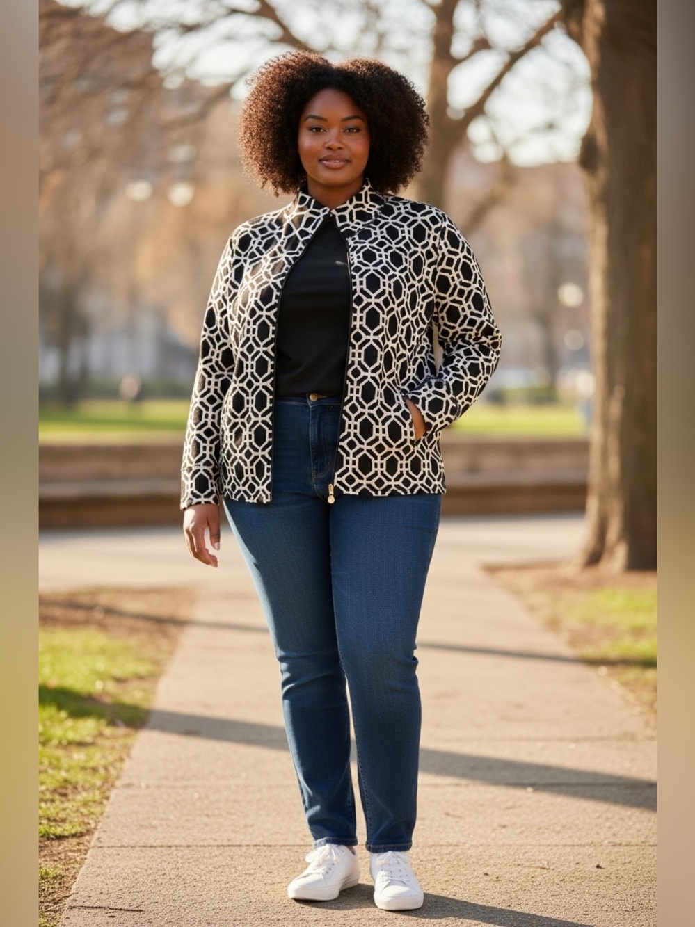 Belle by Kim Gravel Black & Cream Geometric Zip Jacket. Women’s Size 2X